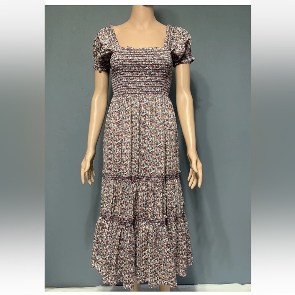 O.P.T. Women's Sz Small Red Purple Floral Midi Smocked Tiered Dress NWT